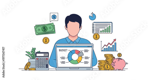 Man working on budget planning on laptop with financial icons