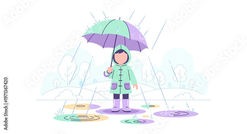 Child in a raincoat with an umbrella standing in the rain