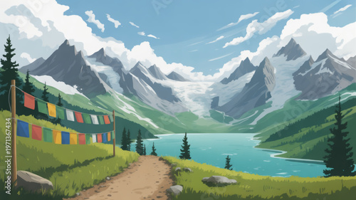 Serene mountain landscape with lake prayer flags and dirt path under blue sky with clouds