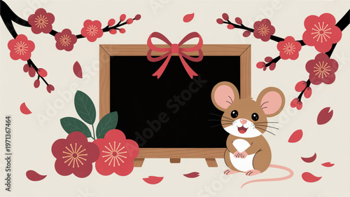 Cute brown mouse sitting next to a blackboard with pink flowers and a red bow surrounded by petals on a beige background