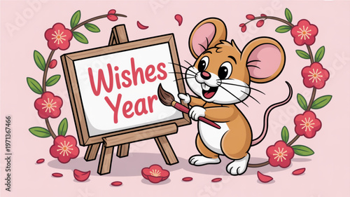 Smiling mouse painting new year wishes on canvas with flowers