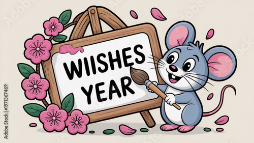 Cute mouse painting 'wishes for the new year' on an easel with pink flowers and leaves on a beige background