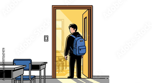 A student with a blue backpack standing at the open door of a classroom
