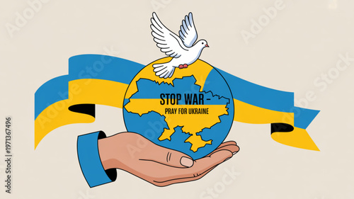 Hand holding globe with dove and ukrainian flag ribbon promoting peace and stop war