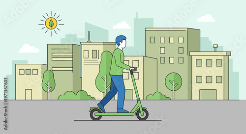 Man riding an electric scooter in a green ecofriendly city