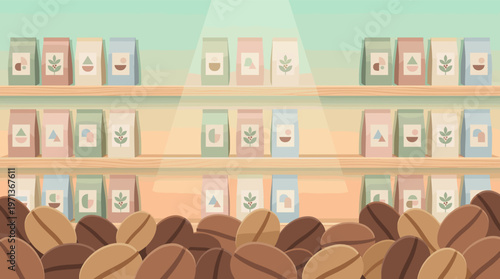 Vector illustration of coffee bags on shelves in a modern shop. Ideal for cafe menus, branding, or website backgrounds. Features pastel colors and a clean, flat design.