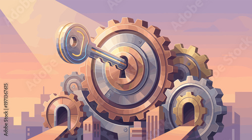 Stylized illustration of a key in a complex gear mechanism over a city. Metaphor for success, access, unlocking potential, innovation, and business solutions.