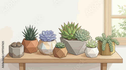 A charming illustration of various succulents in modern geometric pots on a wooden shelf. A calm, natural scene for home decor, gardening, or wellness concepts.