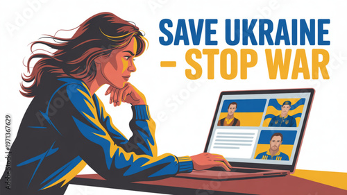 Woman using laptop with save ukraine stop war message on screen symbolizing support and activism