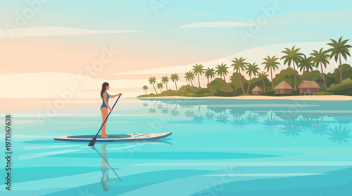 A woman enjoys stand up paddleboarding in a calm turquoise ocean. Tropical island paradise with palm trees and bungalows at sunset. Perfect for travel, vacation, and wellness.