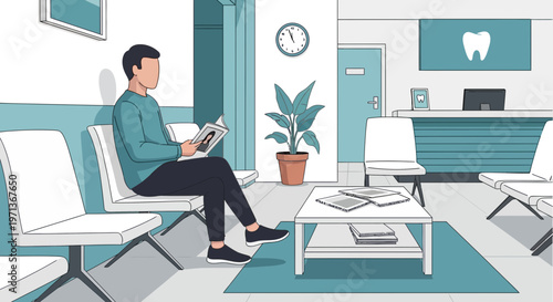 Patient sitting in a dental clinic waiting room reading a magazine