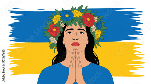 Woman with hands clasped in prayer wearing floral crown against ukrainian flag background