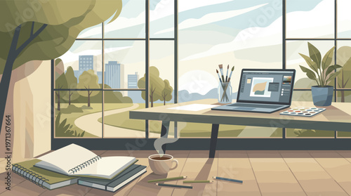 Vector illustration of a designer's desk with a laptop, art supplies, and coffee. A large window shows a city park view. Ideal for remote work, creativity, and freelance themes.