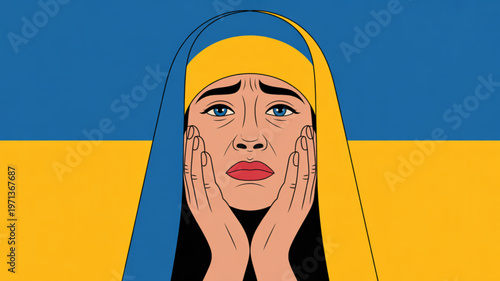 Woman in blue and yellow headscarf with concerned expression on face
