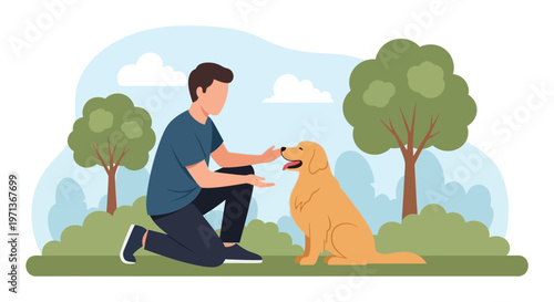 Man kneeling and playing with his golden retriever dog in the park