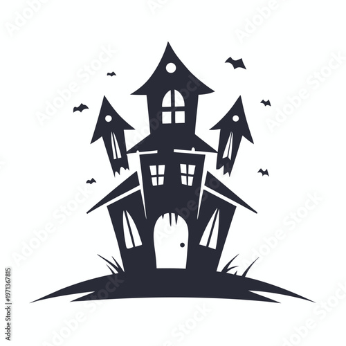 Two ominous solid haunted houses on a hill illustration