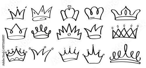  crowns vector set in doodle style king and queen crown
