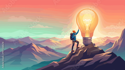 Hiker reaches a mountain peak to touch a giant lightbulb. A metaphor for achieving an idea, innovation, success, and overcoming challenges. Inspirational vector illustration.