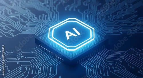 Glowing blue ai chip on a dark blue circuit board background with white lines and dots
