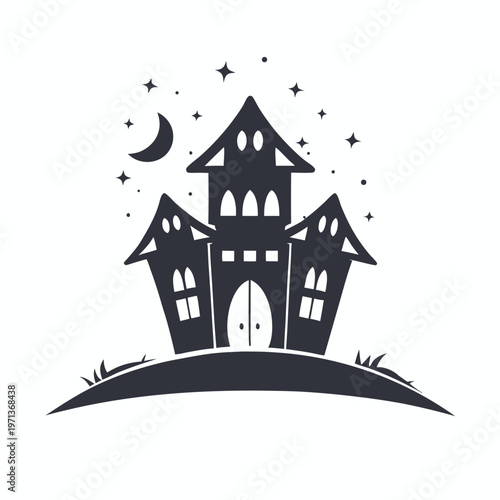 Two spooky solid haunted houses illustration on a hill