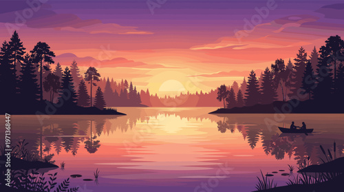 A beautiful vector illustration of a calm lake at sunset. Silhouetted pine forest reflects on the water. A couple in a boat adds a romantic feel. Perfect for travel or relaxation.