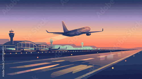 Stylized vector illustration of a passenger plane taking off from an airport at sunset. Scene with runway and terminal, for travel, aviation, or transportation concepts.