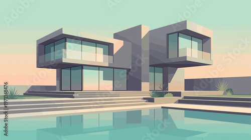 Vector illustration of a modern luxury house with a pool at sunset. Ideal for real estate, architecture, or lifestyle concepts. Serene, minimalist, and upscale aesthetic.