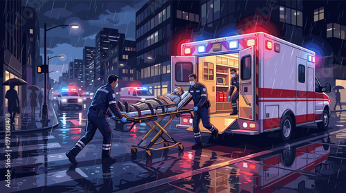 Dramatic anime-style illustration of paramedics saving a life, loading a patient into an ambulance on a rainy city night. Urgent scene for healthcare or emergency concepts.
