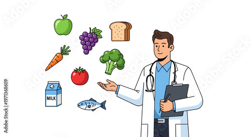 Doctor presenting healthy food options.