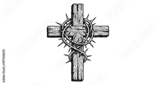 Crown of thorns on wooden cross.