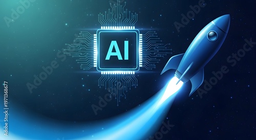 A blue rocket launching into space with a glowing blue circuit board and ai chip in the background representing artificial intelligence and innovation in technology
