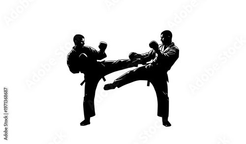 Martial arts sparring silhouette two fighters combat scene high kick and block vector on white background