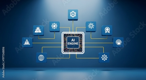Ai engine with various icons and symbols connected to it on a blue background