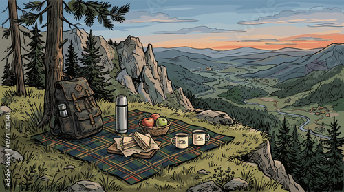 Illustrated scene of a romantic picnic on a mountain cliff. A cozy setup with food overlooks a vast valley at sunset. Ideal for travel, adventure, and lifestyle concepts.