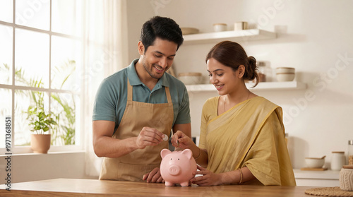 Happy Indian Couple Saving Money Together in Piggy Bank
