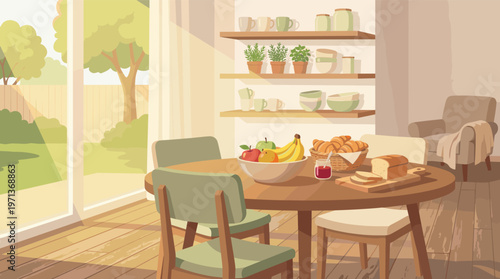 A warm vector illustration of a cozy dining room with a breakfast table. Sunlight from the garden window illuminates fresh fruit, bread, and croissants. Homely and peaceful scene.