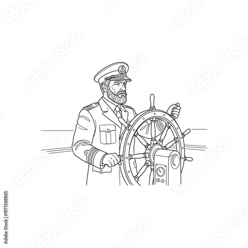 Man in captain uniform steering wheel.