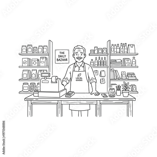 Smiling shopkeeper standing behind counter.