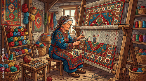 An illustration of a senior woman in traditional dress weaving a colorful oriental carpet on a loom. A warm, artisanal scene celebrating handmade craft and cultural heritage.