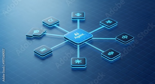 An ai agent network with interconnected nodes on a blue background with a grid pattern