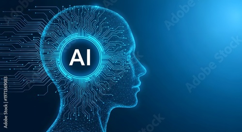 Artificial intelligence concept with human head and circuit board design in blue tones representing machine learning and neural networks