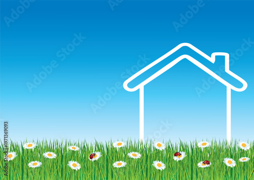 A4 real estate flyer for spring featuring a house and flowers. Horizontal hand-drawn vector illustration II.