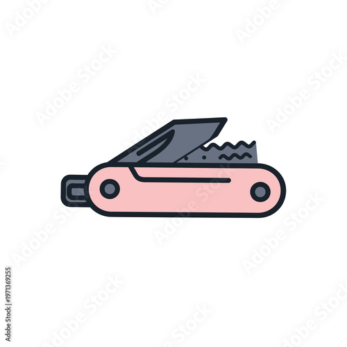 Vector of a pink folding pocket knife with a sharp blade and saw edge.