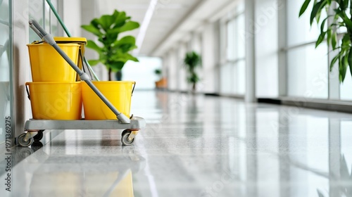 Cleaning Equipment on Wheels in a Bright Hallway With Plants and Polished Floors