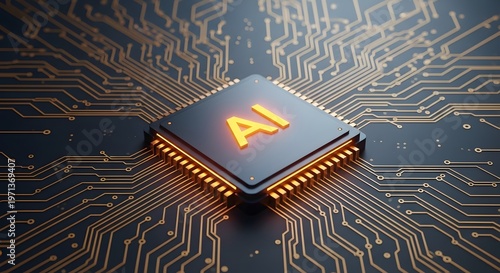 A computer chip with ai on it sitting on a circuit board with gold lines and connections