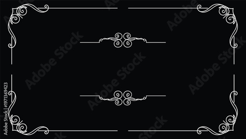 Ornate white decorative frame with swirls and flourishes on a solid black background suitable for classic film title cards.
