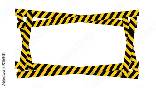 Yellow and black striped caution tape forming a rectangular frame for warning or construction zone messages on white.