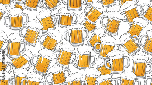 Hand drawn sketch pattern of many beer mugs with foam filling the entire frame in a cheerful repeating beverage design.