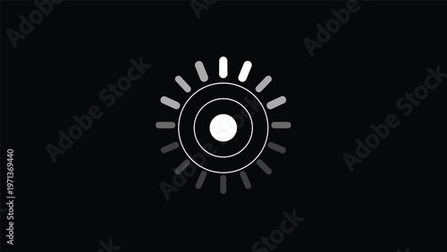 Minimalist white loading or buffering icon on a black background featuring concentric circles and rotating bars elements.
