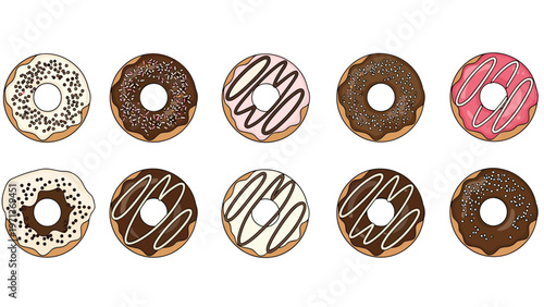 Grid of ten different delicious donuts with various chocolate pink and white glazes and sprinkles on white background.
